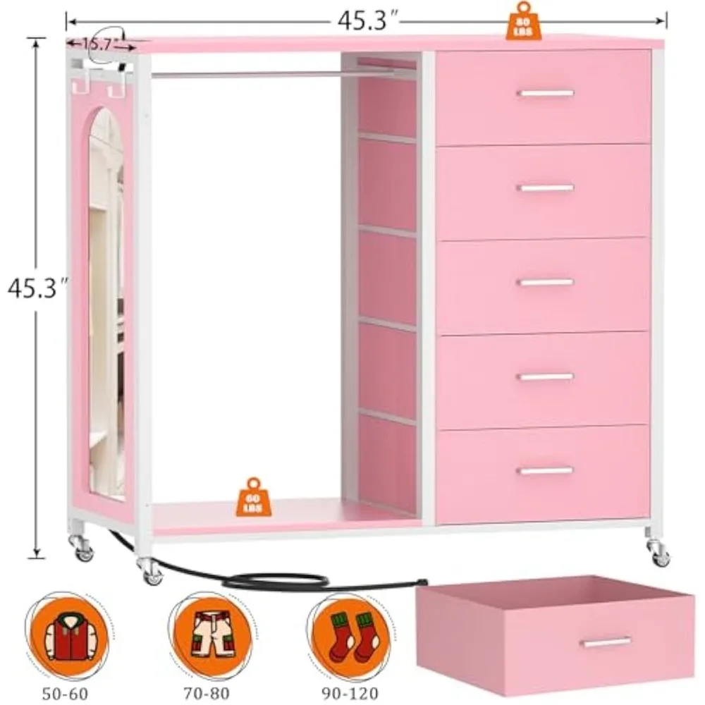 Cómoda de dormitorio con perchero, espejo, 5 cajones de tela, estación de carga, luces LED y función rodante