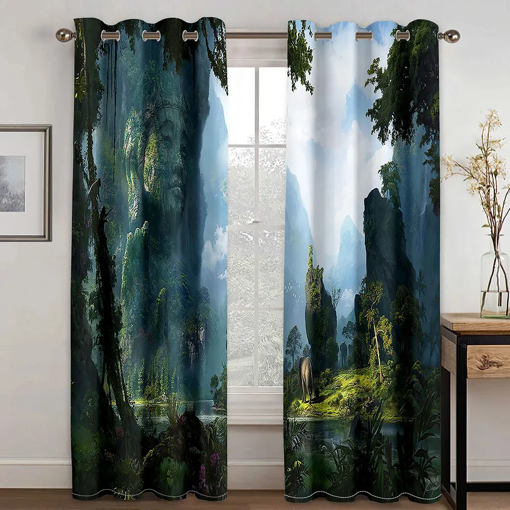 

3D Tropical Forest Natural Scenery 3D Digital Printing Bedroom Living Room Window Curtains 2 Panels Green Trees Moss Deep Forest