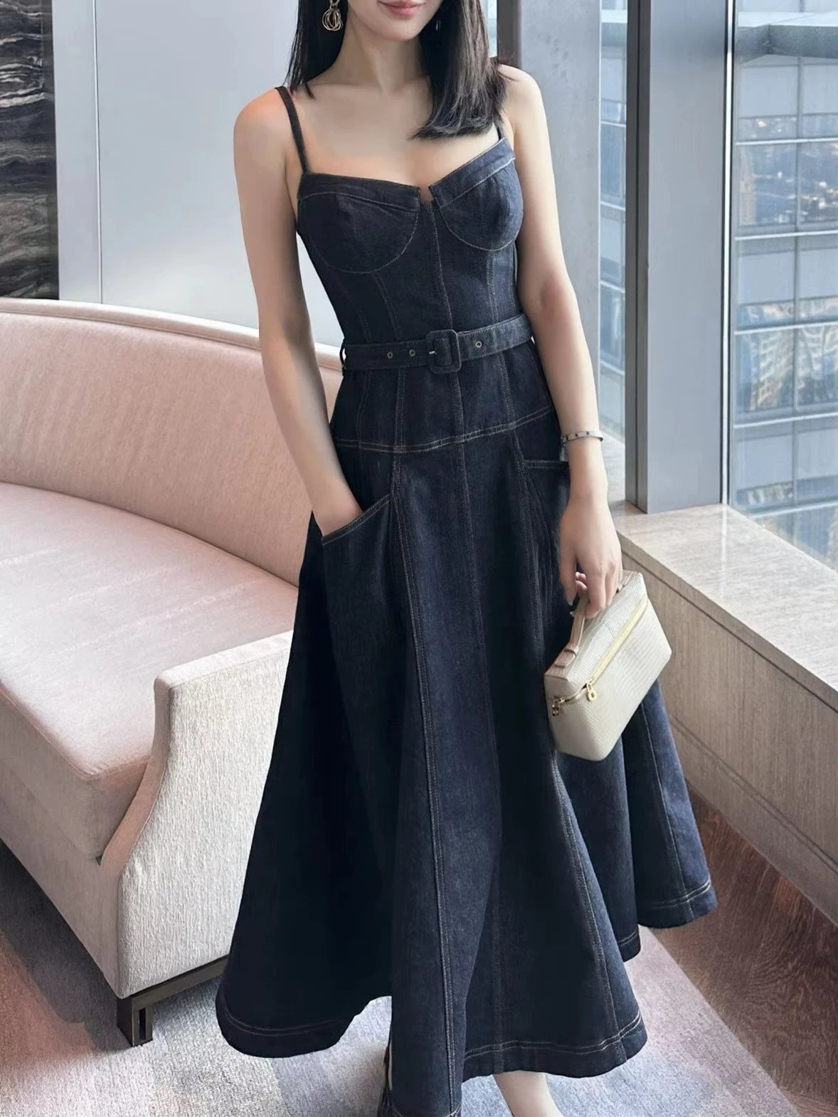 

Women Denim Sling Dress Sexy V-neck Sleeveless High Waist Fashion 2026 Spring Summer Lady Midi Robe with Belt