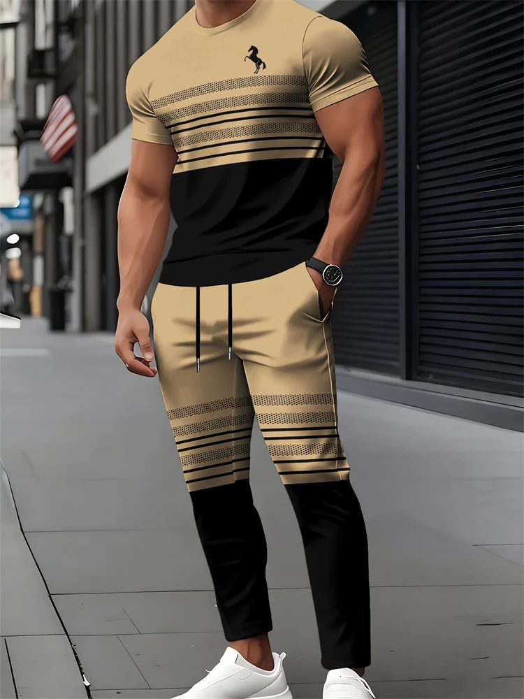 Men's Spring/Summer Sports Set Striped Pony-Print Crew-Neck T-Shirt + Stretch Drawstring Pants Set—Everyday Street Style Outfit