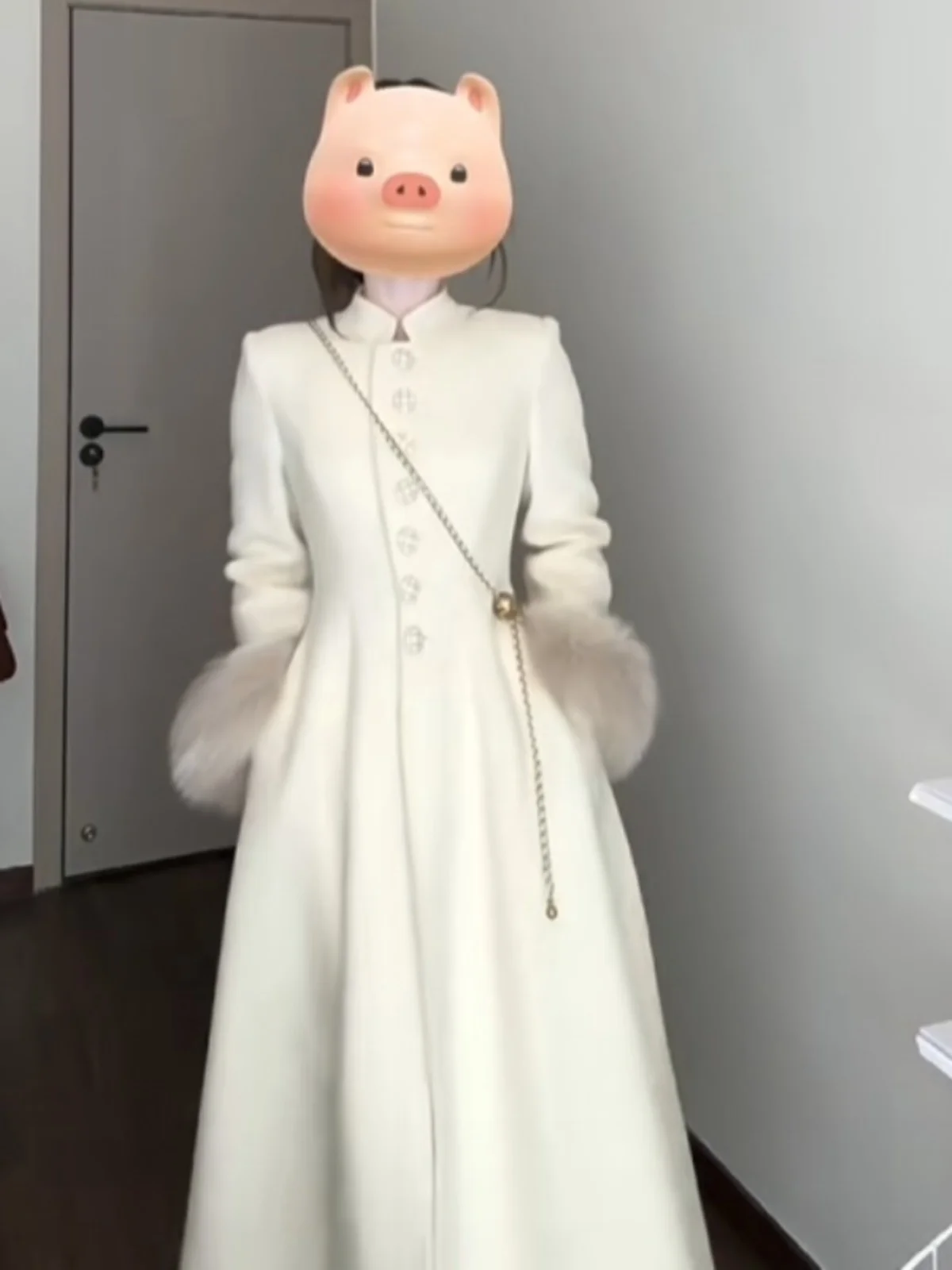 엘레 허리 조임 롱코트 여성용 울 재킷 한국 스타일 출퇴근용 티엔드 롱 스웨트 순색 버튼 디자인