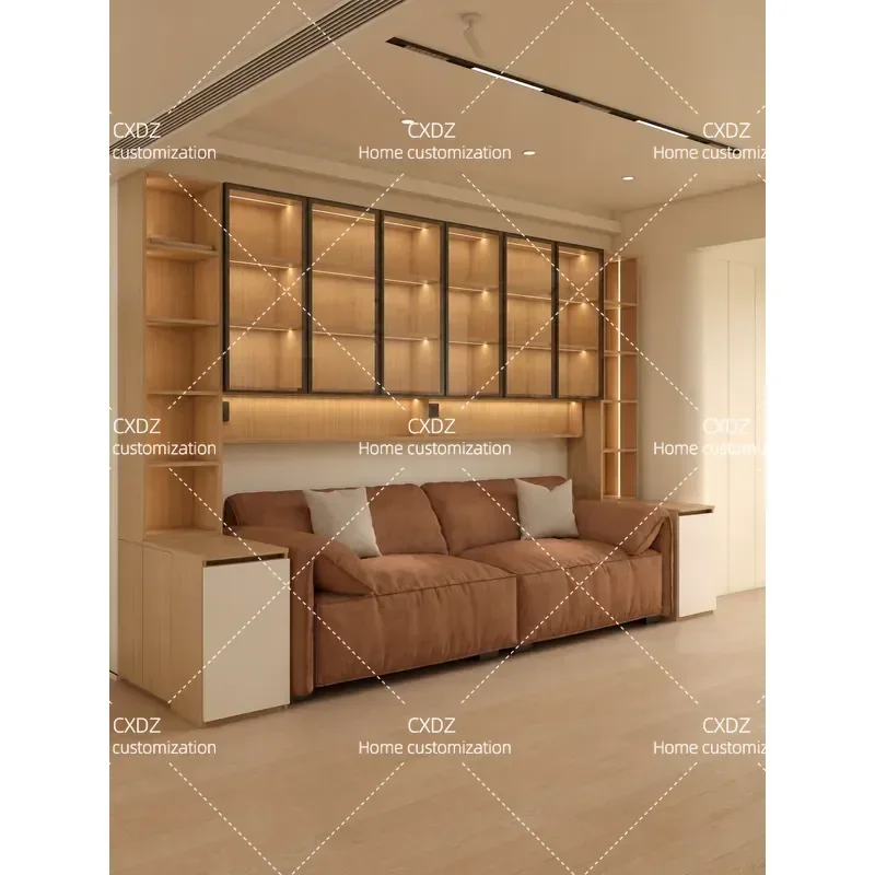 Living Room Sofa Background Wall Bookcase Small Apartment Glass Door Full Height Storage Display Cabinet Custom Hanging