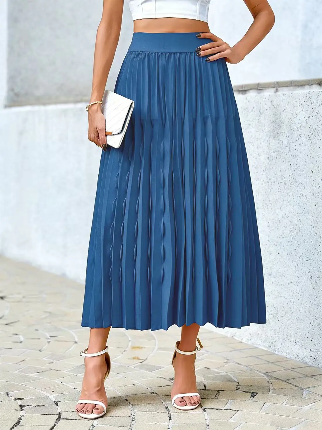 Blue Women's Pleated Skirt Casual Holiday Half-length Skirt for Ladies