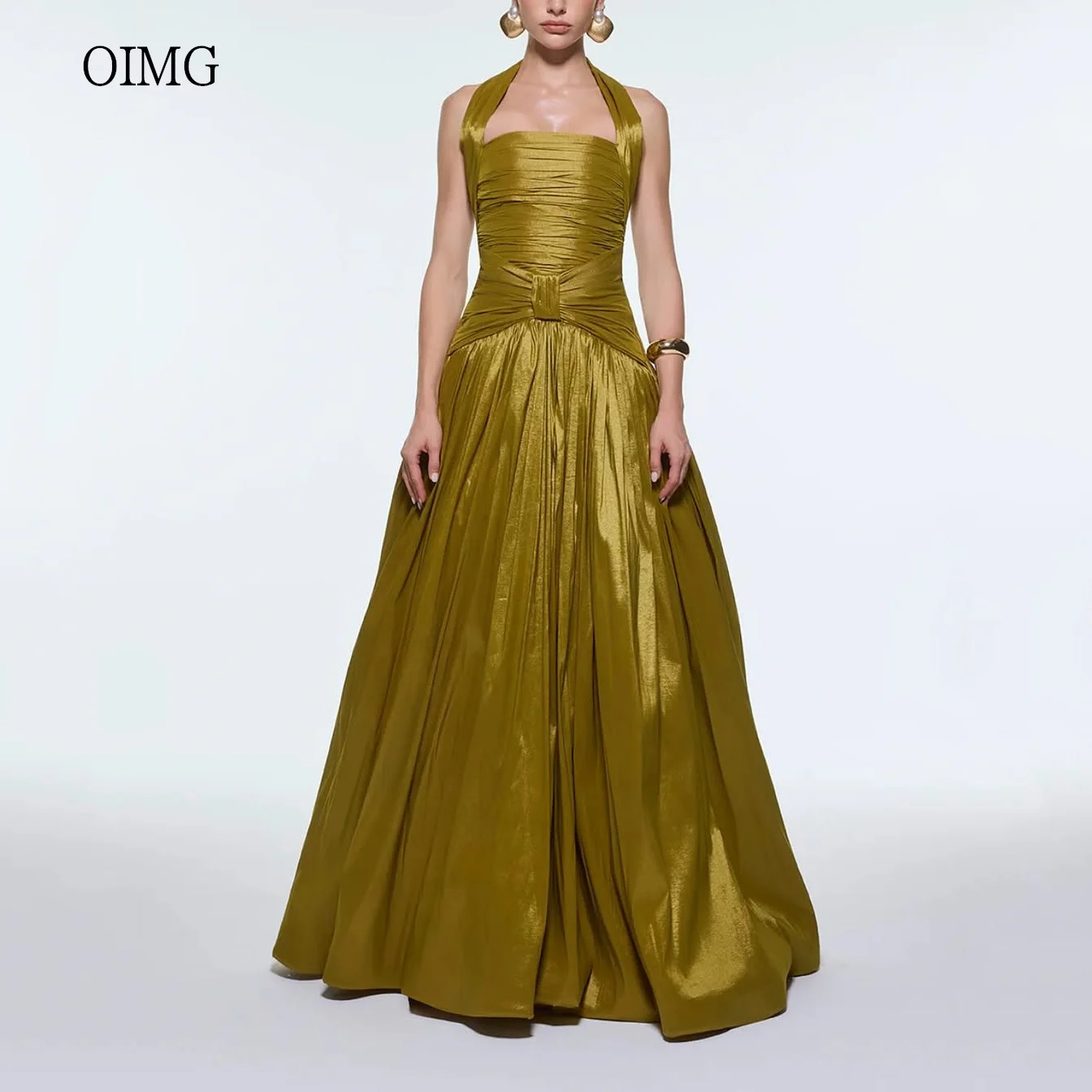 

OIMG Shiny Halter A Line Prom Gowns Backless Pleated Formal Party Gown Saudi Floor Length Evening Dress Customized