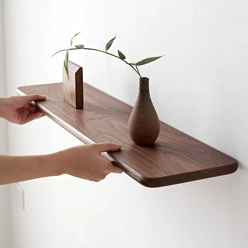 Black Walnut Wall Mounted Shelf Solid Wood Storage Rack with Baffle for Living Room Bedroom Home Decor Organization Display