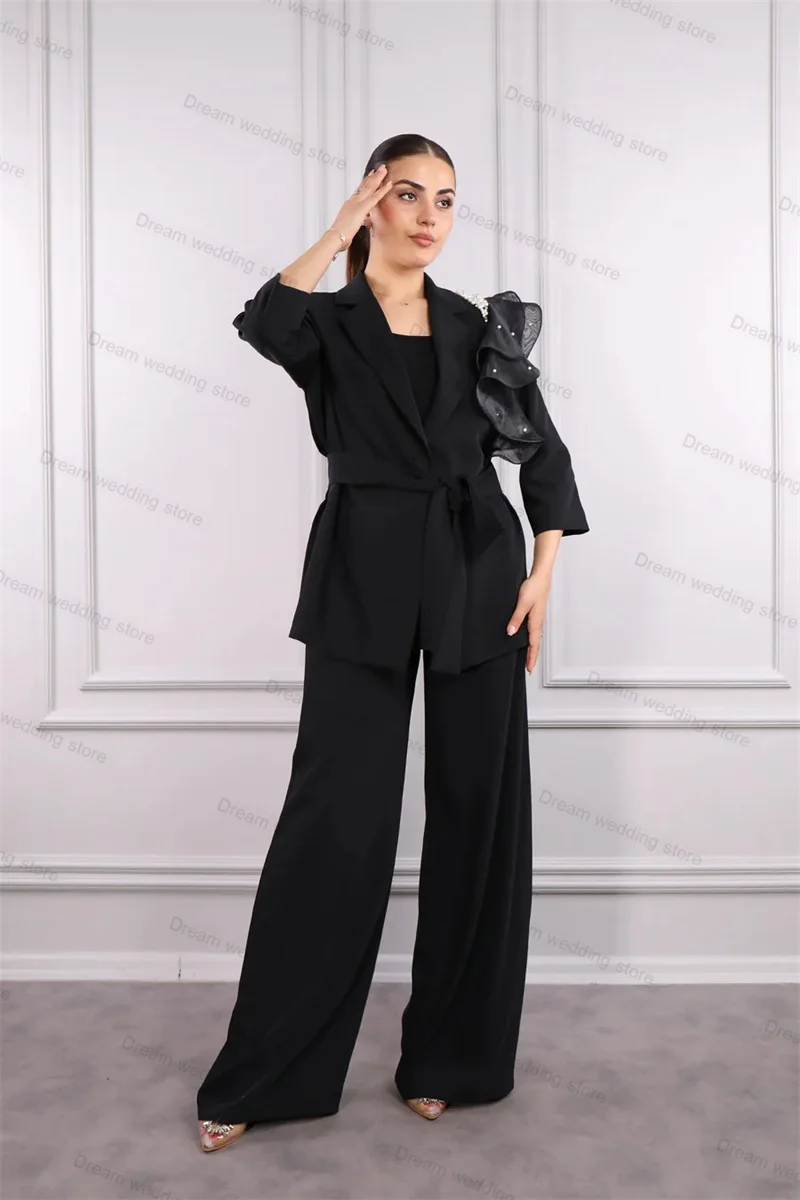 Black Luxury Women Suits Pants Set 2 Piece Blazer+Wide Leg Trousers Beaded Flower Wedding Tuxedo Tailor Size Prom Jacket Coat