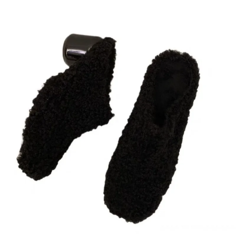 2025 Winter Fur Lambswool Heeled Slippers Woman Luxury Solid Color Horse Hair Round Toe Covered Toe Shoes Woman Casual Shoes