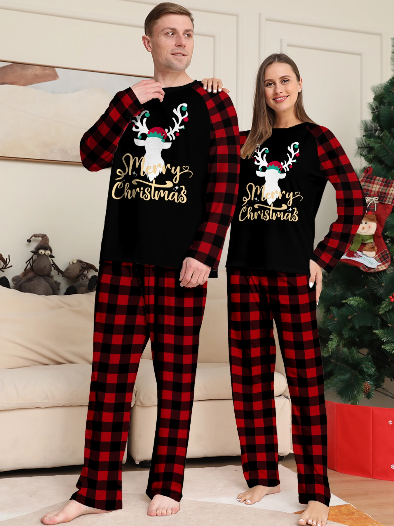 Christmas Couple Pajamas Set: Black Tops with Reindeer & 'Merry Christmas' Print, Red - Black Plaid Pants
