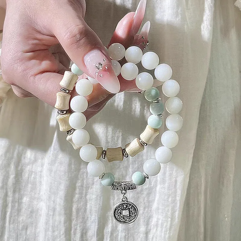 

Natural White Jade Root Double Circle Bracelet Student Party Cultural Toy Holding Female Bodhi Beads Prayer Beads Bracelet