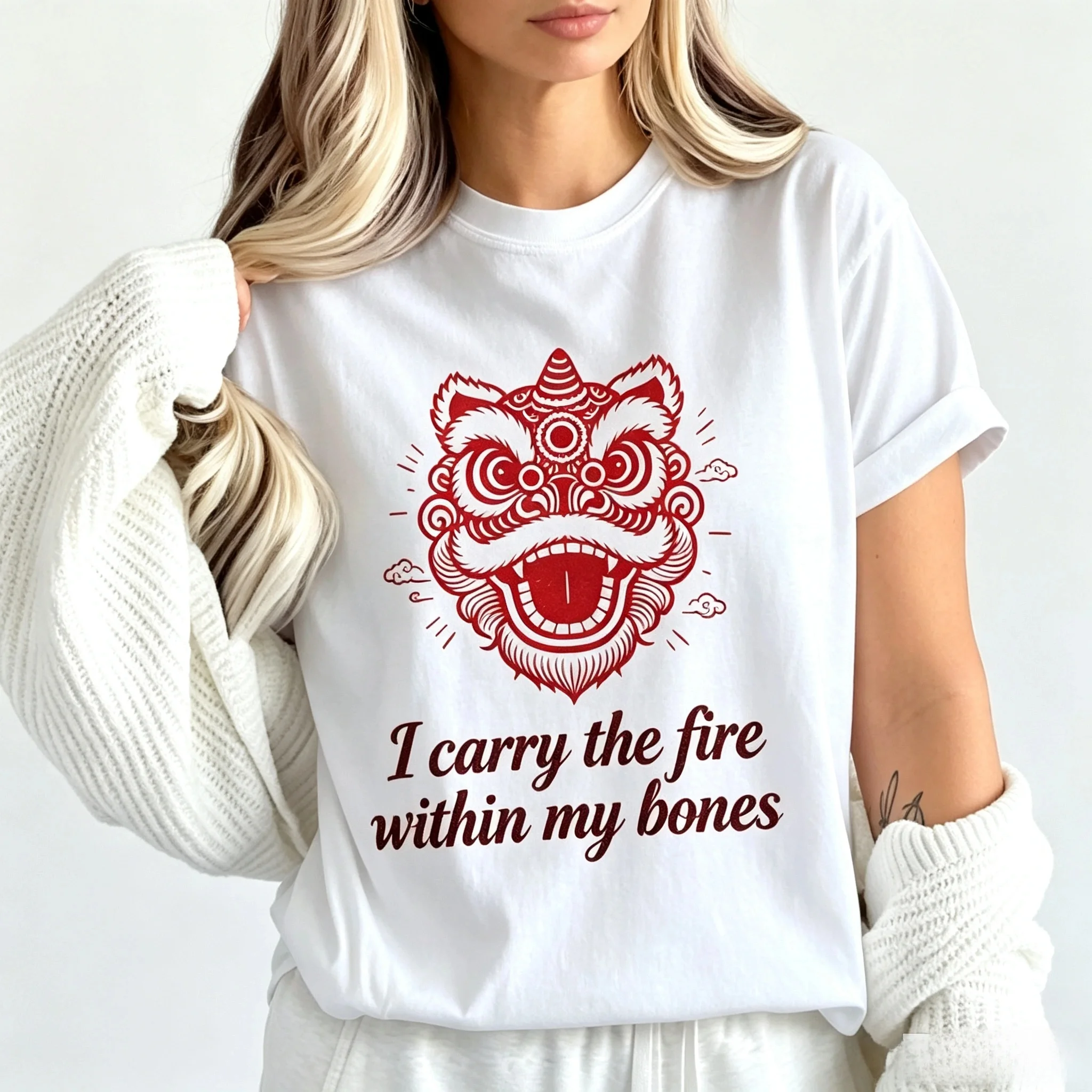 Unisex Chinese Lion Dance Papercut Art Graphic T Shirt I Carry The Fire Within My Bones Quote Short Sleeve Casual Tee
