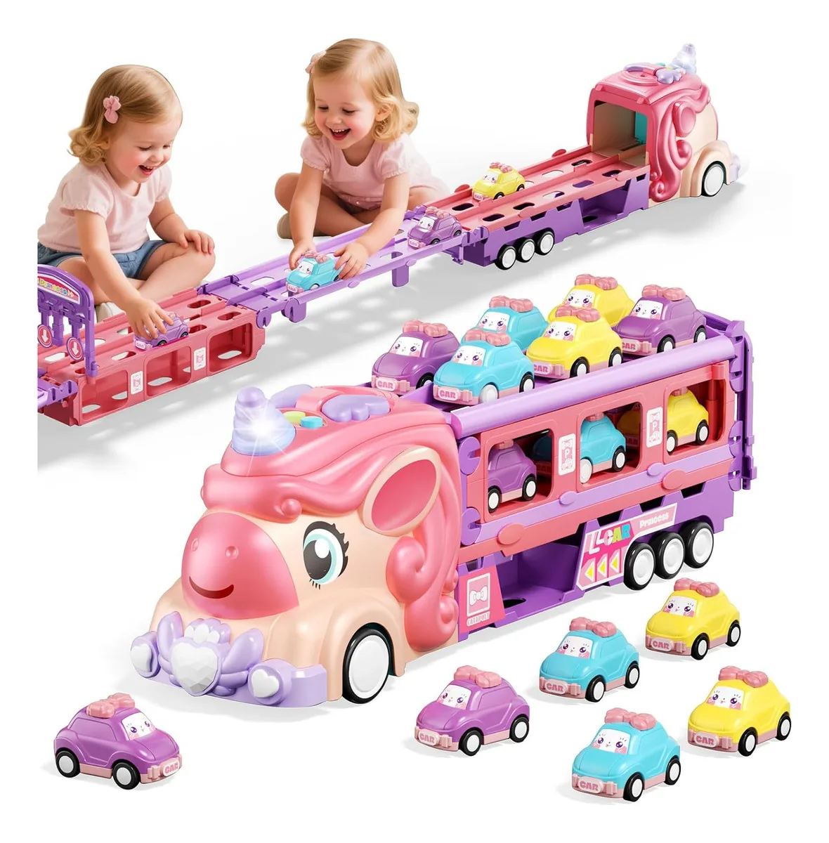 Pink unicorn folding track car toy with lights, music, press and eject mini car, friction power transport car, children's gift