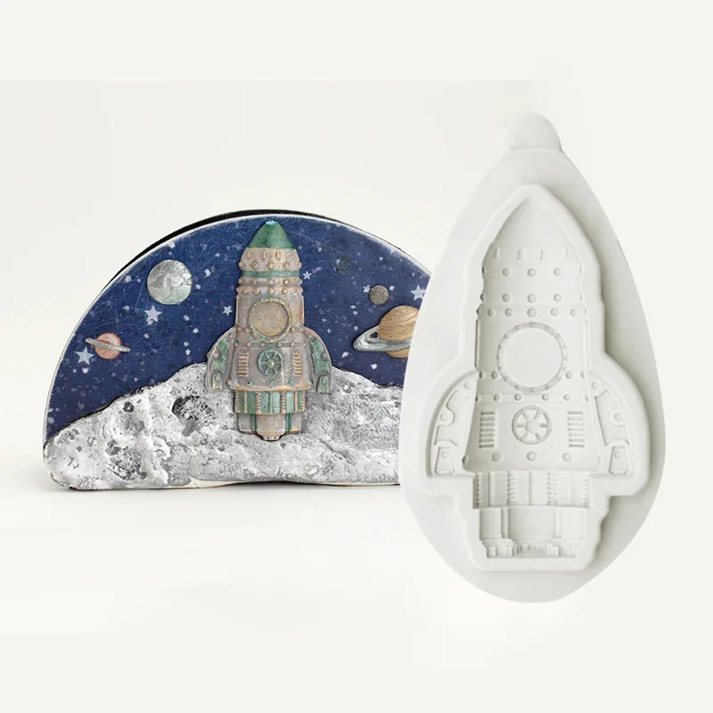 Molde de silicona con tema espacial, herramienta de decoración de pasteles de fiesta, astronauta, cohete, alienígena, caramelo, Chocolate, fuente,