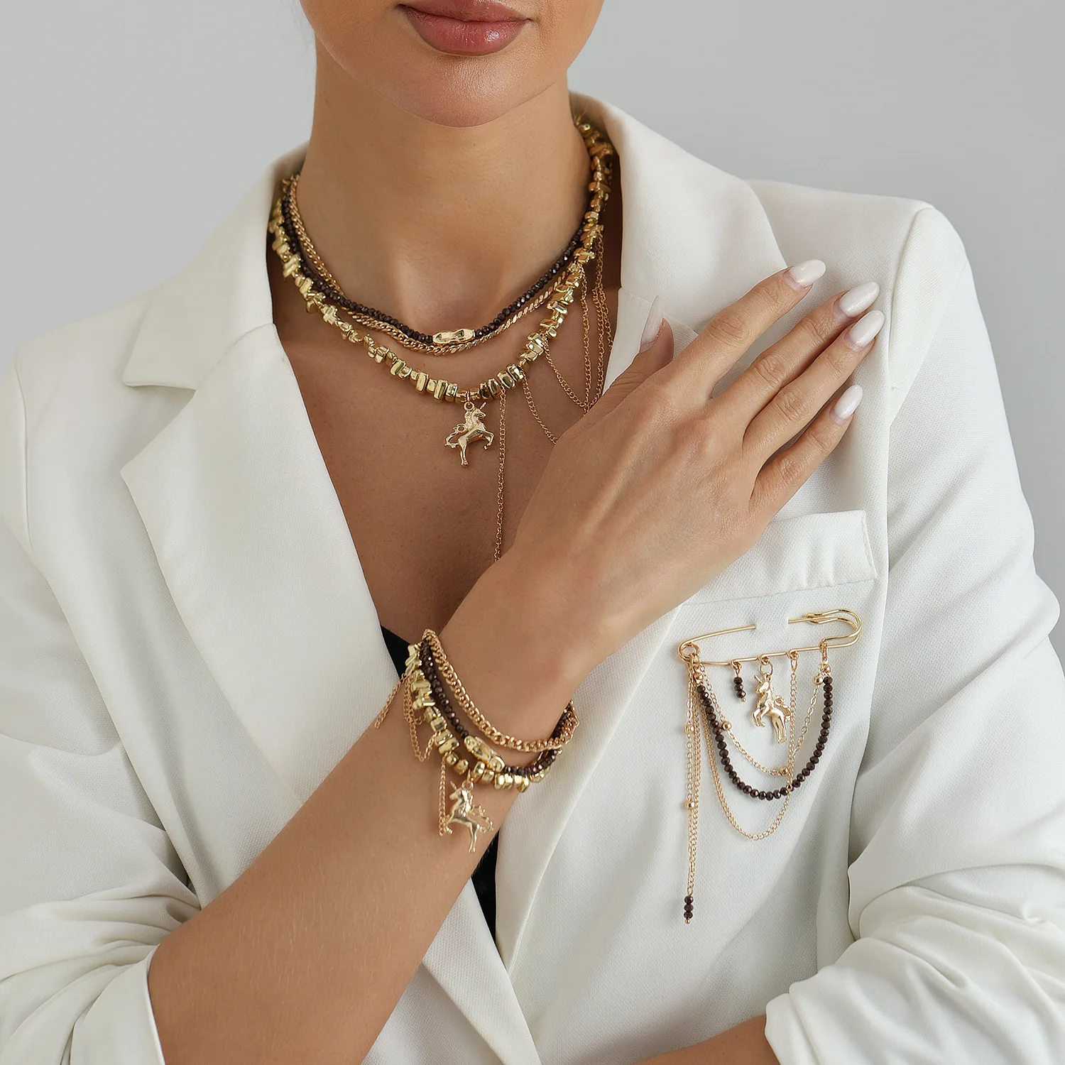 Vintage Multi layered Stacked Necklace Bracelet Set Unicorn Pendant Accessories for Women
