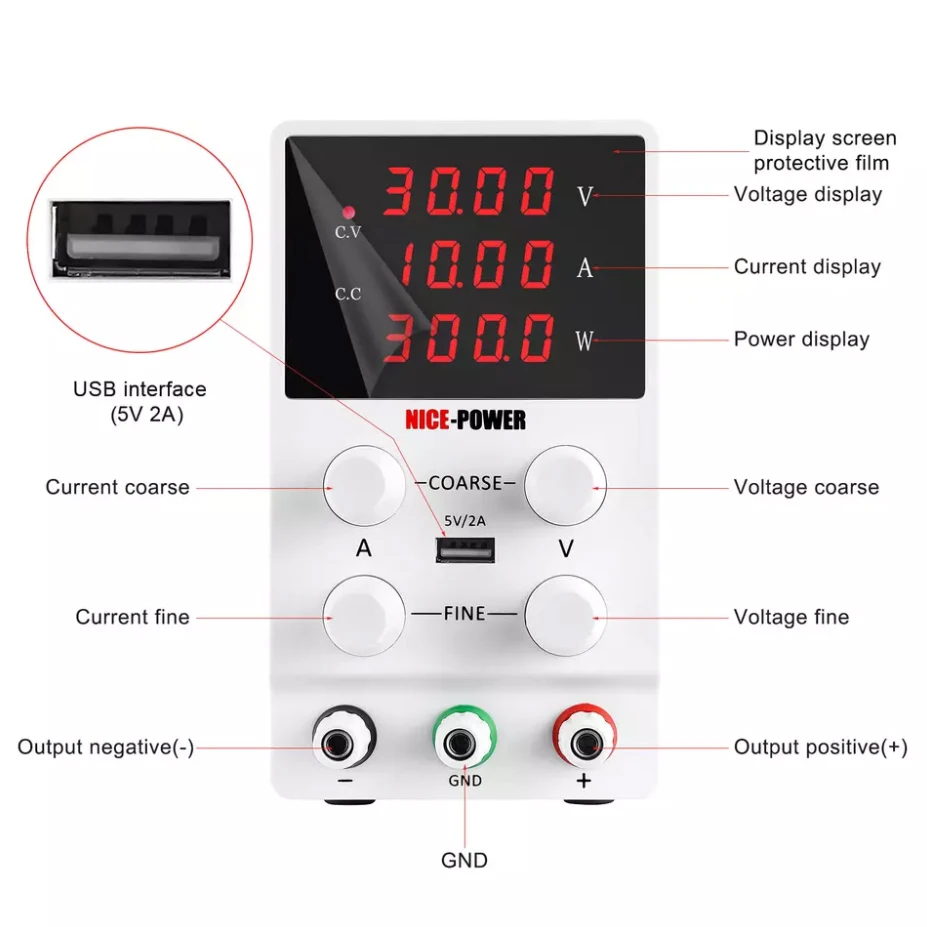 30V/10A 4-Digits Displaying Adjustable Regulated Switching DC Lab Bench Power Supply with 5V/2A Output Interface