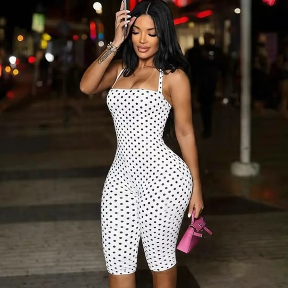 Fashion Halter Neck Off Shoulder Playsuits Sleeveless Skinny Fit Backless Rompers High Waist Polka Dot Rompers Street