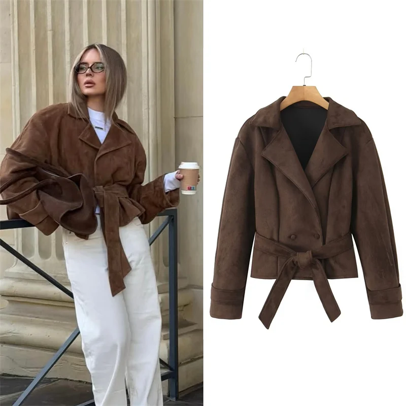 

Женская куртка, осень 2024, новый стиль, красновато-коричневое двубортное пальто с длинными рукавами в европейском и американском стиле, модное