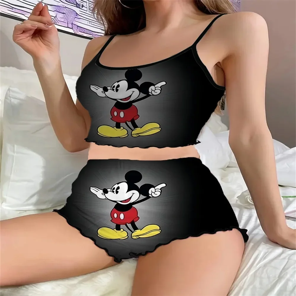 Conjunto de dos piezas de pijama con estampado de dibujos animados para mujer, ropa de dormir femenina con diseño de borde con volantes, ropa de dormir cómoda con tirantes