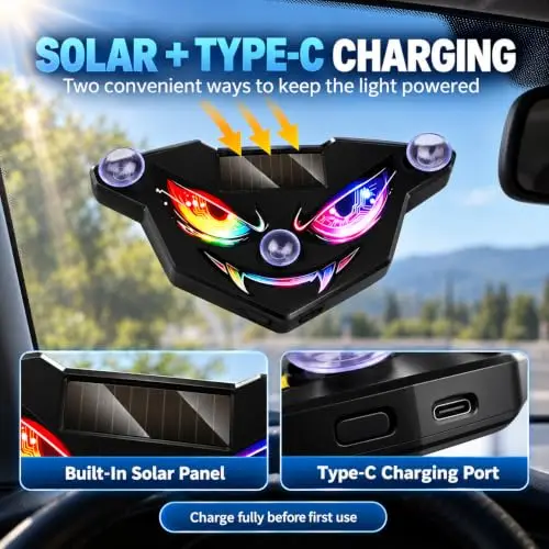 Cool Devil Eye Ambient Light Solar Powered Breathing Neon Light Car Decoration Rear Windshield Atmosphere Lights Car Accessories