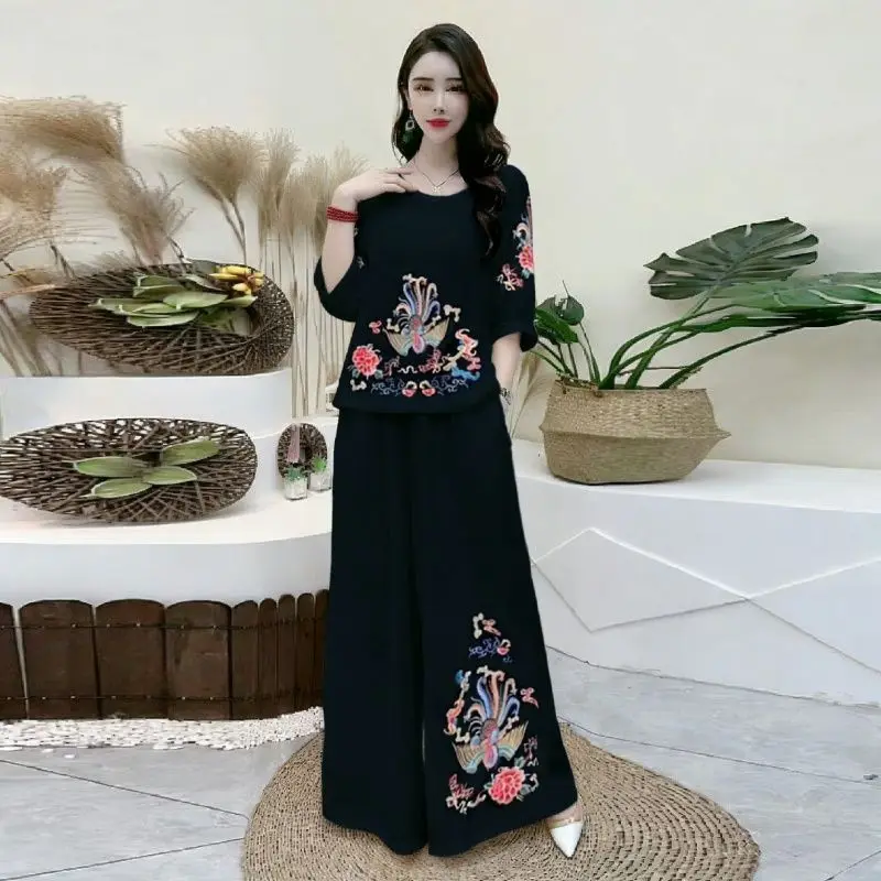 Mid Sleeved Shirt Wide-leg Pants Set Women Summer Embroidery Pullover Tops Thin Trousers 2-piece Suits FemaleTang Suits Outfits