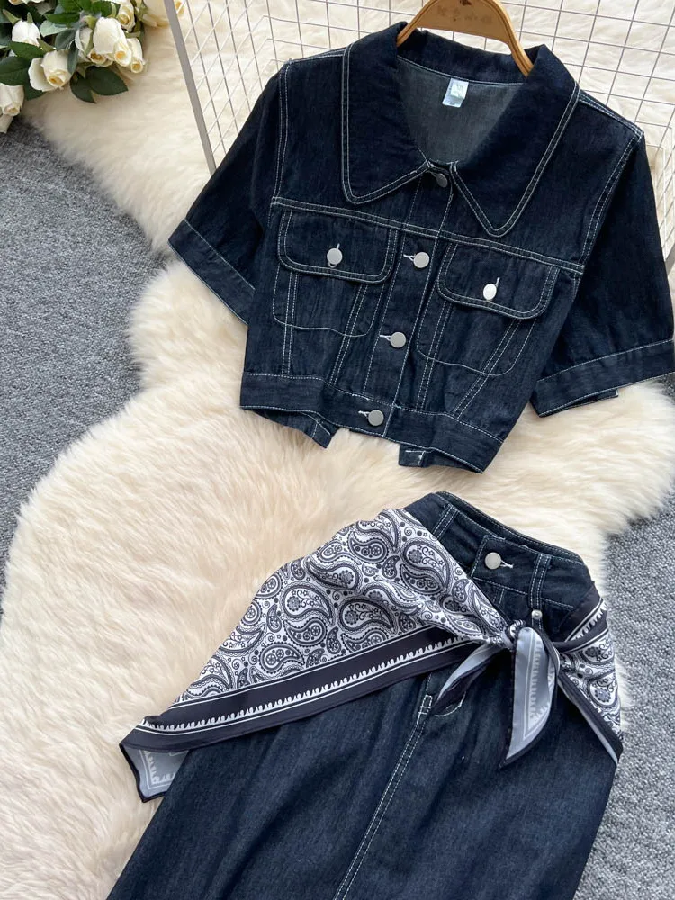 American Sle Spicy Girl Kerah Retro atau Denim Jaet Atasan Syal Sutra Rok Belah Pinggang Tinggi Kasual Dua Potong Set