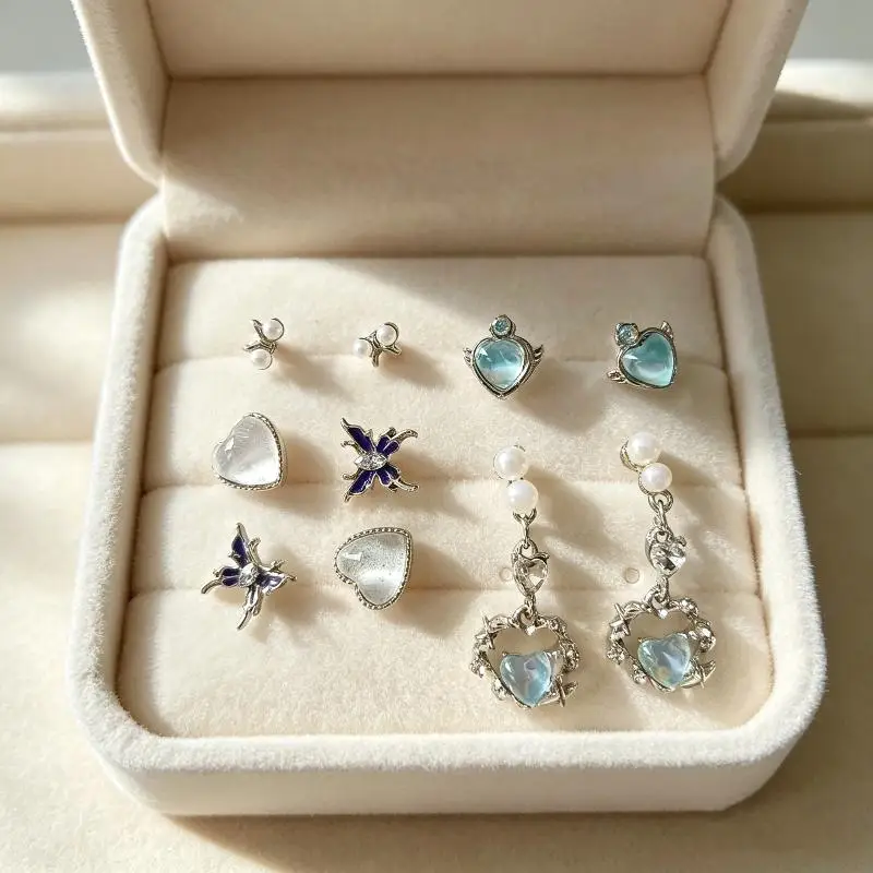 Heart Crystal Pearl Butterfly Earring Set Hypoallergenic Delicate Studs for Women Girls Party Daily Wear Jewelry Gift