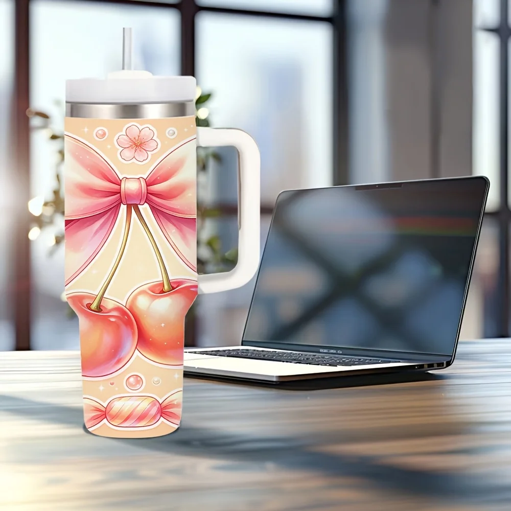 40oz Tumbler with Handle Sweet Pink Cherry Bow Floral Print Perfect for Women Ladies Office Workers Travelers Drivers Hikers Suitable for Office Gym Travel Camping Daily Commute Hiking Picnic Outdoor Activities