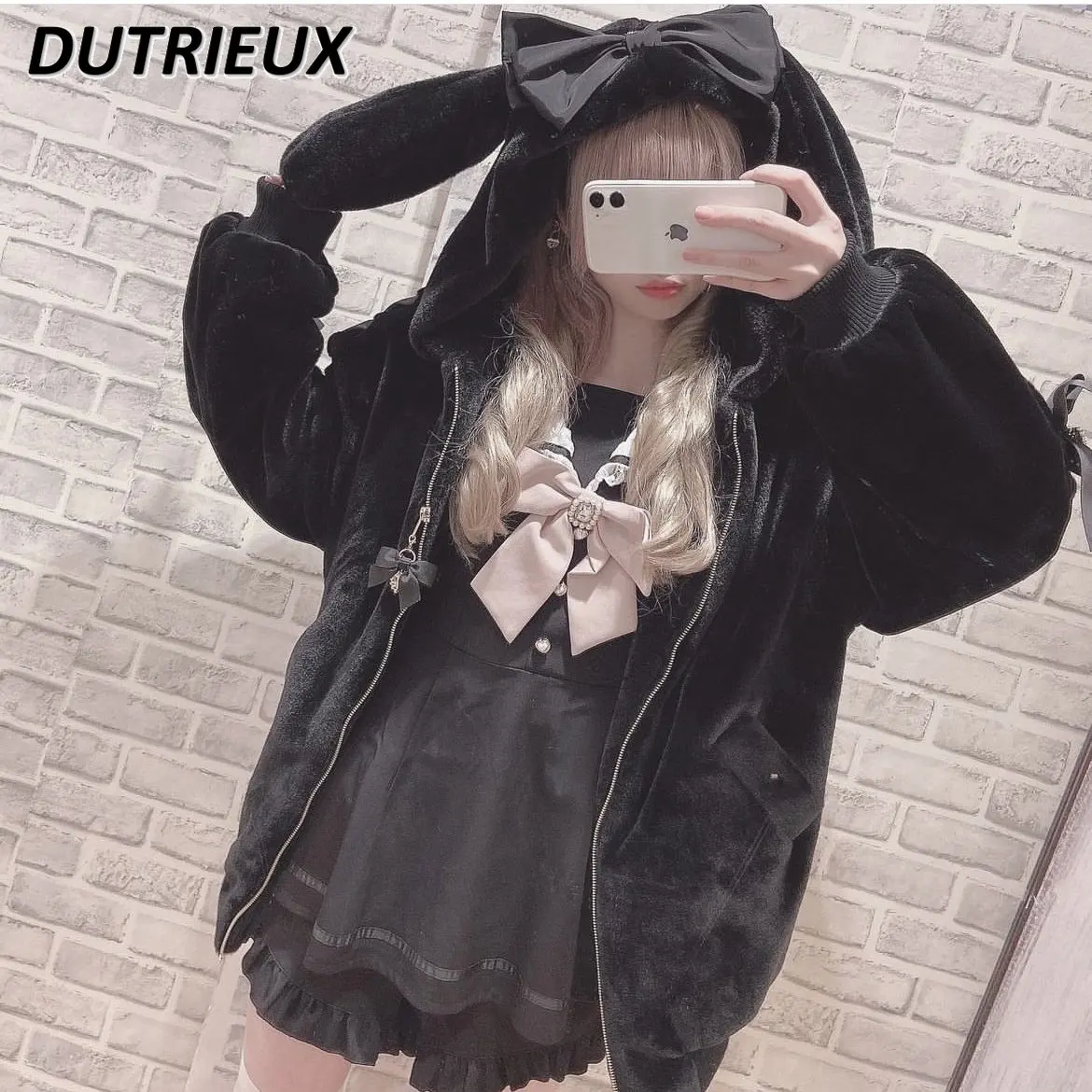 High Quality Japanese Winter Coat Sweet Cute Mine Cute Rabbit Ear Plush Cotton Jacket Sweet Girls Lolita Coats for Women Clothes