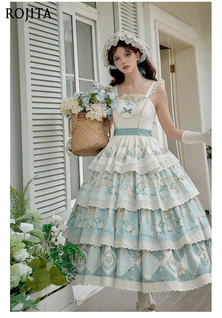 

Sweet Lolita Floral Tiered JSK Dress Blue White Lace Ruffle Long Dress with Waistband Pastoral Print Embroidery Four-segment Jsk