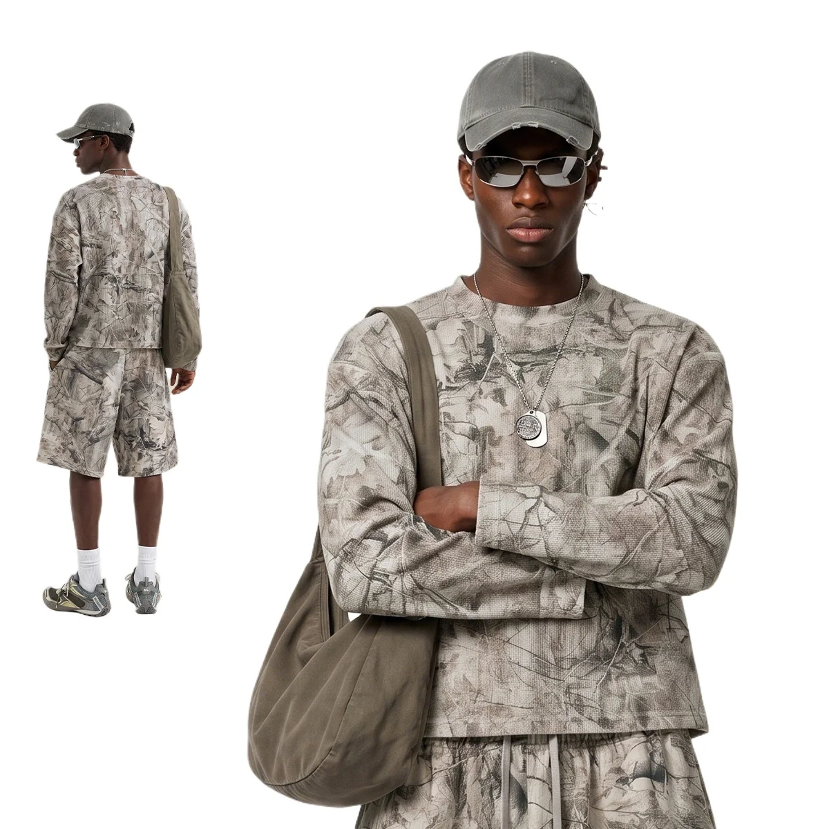 Custom LOGO Men's European & American 2026 Autumn 260G Cotton Polyester Branch Camouflage Waffle Print Long Sleeve Loose T-Shirt