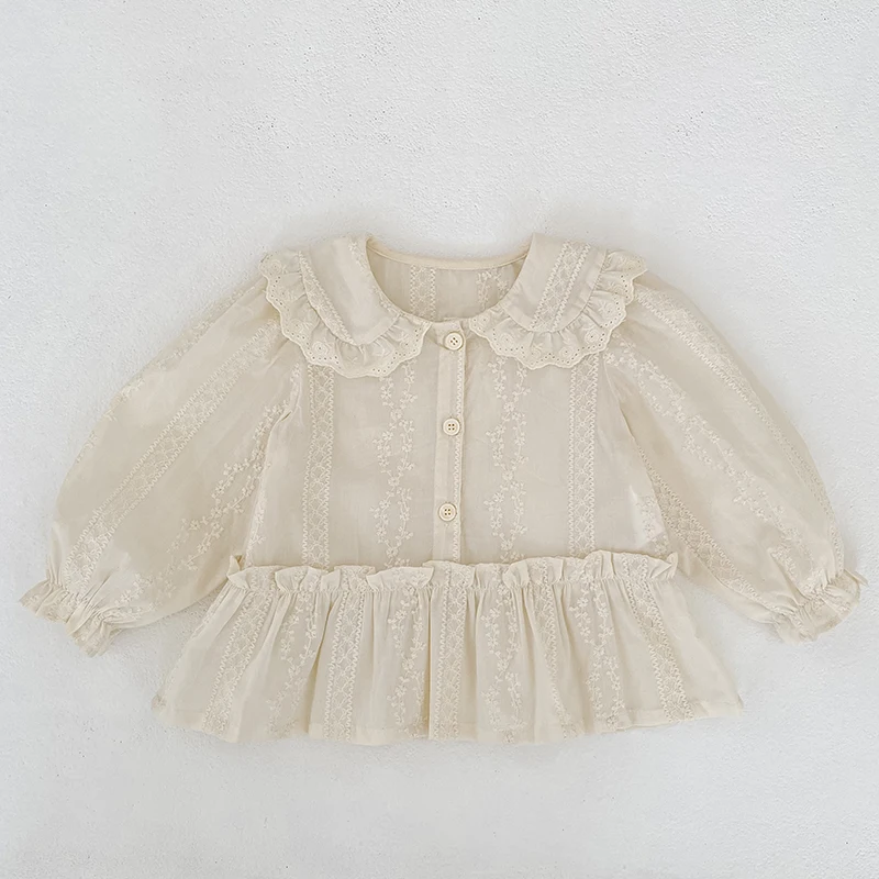 Koreanischer Stil Baby-Mädchen Spitzenbluse mit Puppenkragen, Herbst Langarm-Rüschenhemd, Besticktes Rüschen-Prinzessinnen-Oberteil für Kinder, Lässiges Top – Detail 2