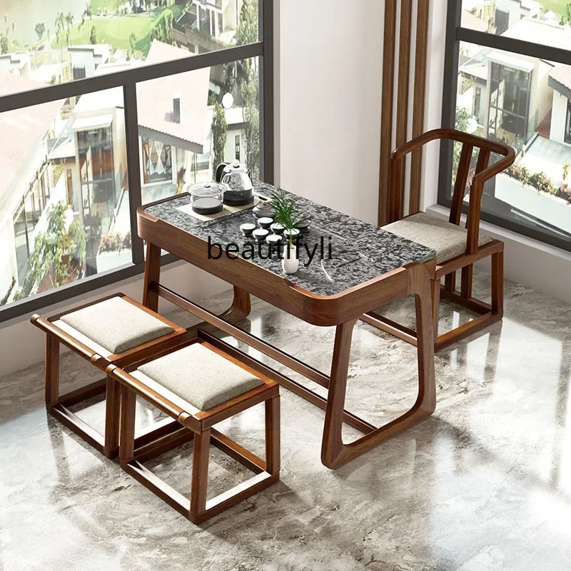 

zqBalcony Table-Chair Set New Chinese Style Kung Fu Tea Brewing Table Simple Solid Wood Household Small Tea Table