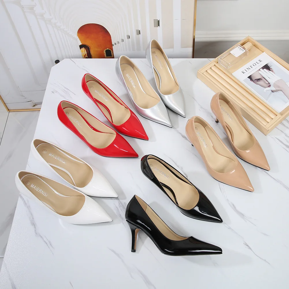 High Heels Pumps for Women Patent Leather Pointed Toe Fashion Daily 7.5cm Heels Shoes Large Size 35-44 45 46 Ladies Brand Pumps view 2