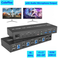 4 Port HDMI KVM USB 3.0 Switch 4X2 Dual Monitor 4K@60Hz Extended Display DP KVM Switch 4 In 2 Out for 4 PC Share Keyboard Mouse