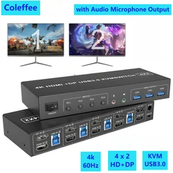 4 Port HDMI KVM USB 3.0 Switch 4X2 Dual Monitor 4K@60Hz Extended Display DP KVM Switch 4 In 2 Out for 4 PC Share Keyboard Mouse