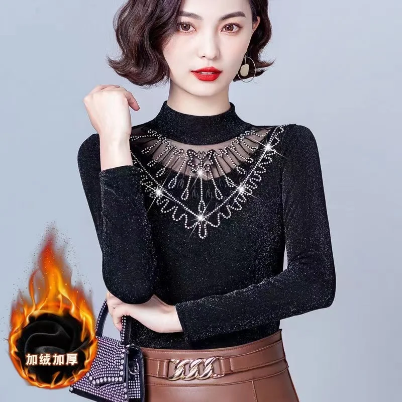 Autumn Winter 5XL Women Blouse Shirt Women\'s 2023 Add Velvet Warm Long Sleeve Shirt Blusas Spring Chic Elegant Sexy Ladies Tops