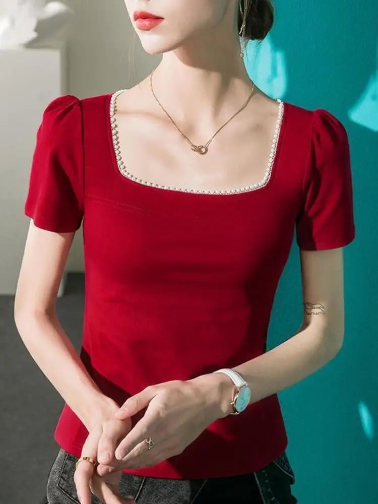 

French Pearl Patchwork Square Neck Short Sleeved T-Shirt For Women With Bubble Sleeves 2025 Summer New Slim Fit Solid Color Top