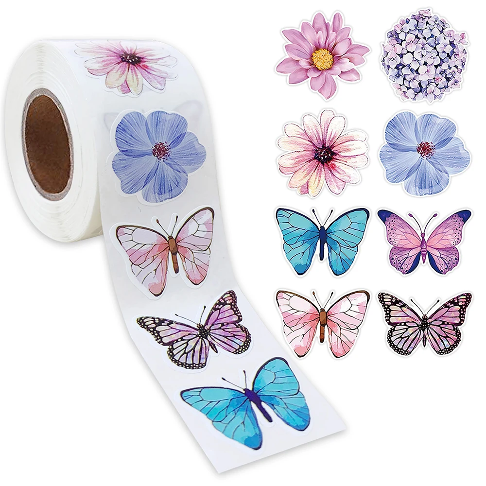 500Pcs/Roll Butterfly Flowers Stickers Stickers Aesthetic Cartoon Sealing Labels Decor Stationery Diary Kawaii Decoration Decals