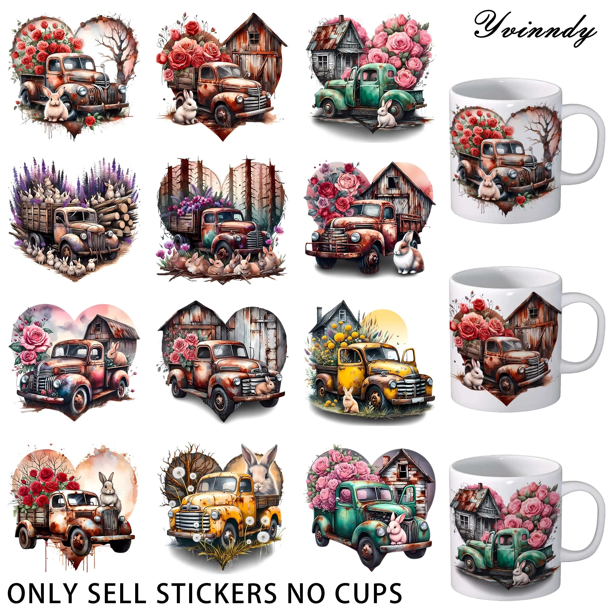 12 Stück Herz-Rusty-Trucks-Love-UV-DTF-Aufkleber – wasserfestes UV-DTF-Transferpapier für Kunst und Handwerk, DIY