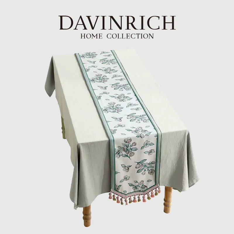 

DAVINRICH Peach Blossom Decorative Table Runner With Tassels French Pastoral Luxury Tablecloth Cover Rectangular Runner 30x260cm