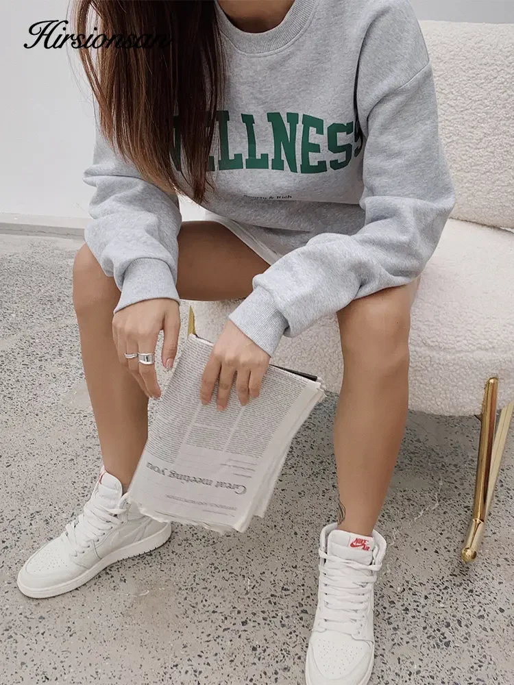 Hirsionsan Letter Print Women Sweatshirt 2023 New Warm Full Sleeve Hoodies Ladies Streetwear Winter Pullovers Loose Clothes