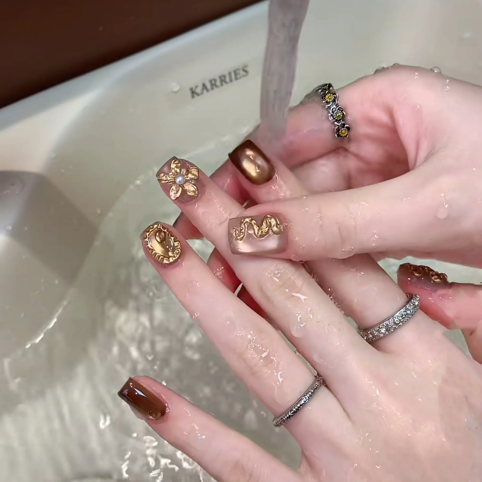 

10 шт., короткие накладные ногти ручной работы, ретро, коричневый, «кошачий глаз», розовое золото, металл, 3D, резьба по цвету, накладные ногти, носимые накладные ногти