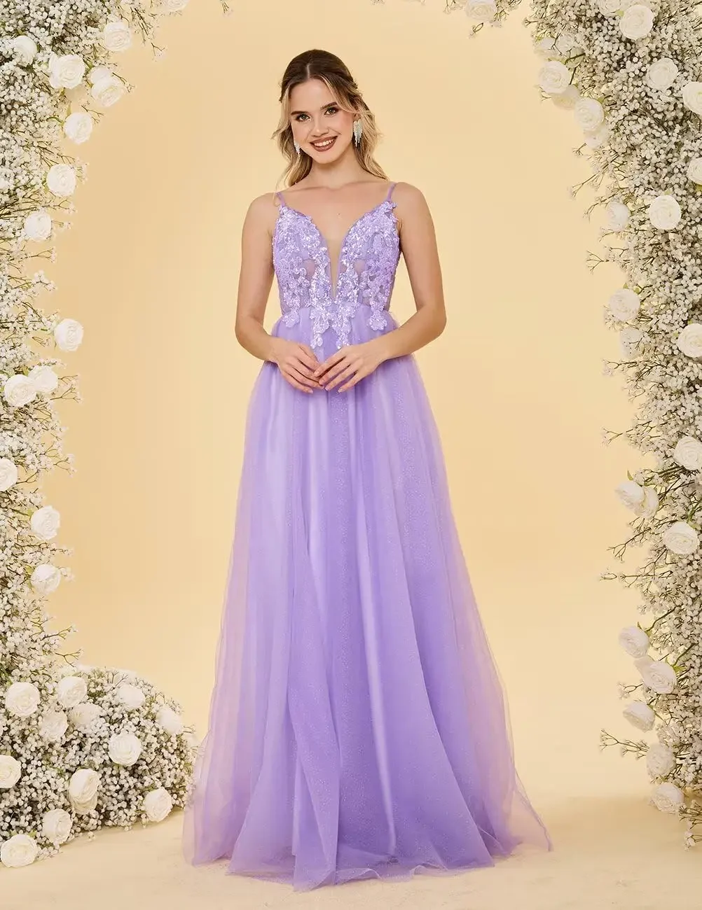 Abiti da ballo in tulle con scollo a V profondo per donna Cinghie per spaghetti Abiti da ballo lunghi con applicazioni in pizzo Abito da sera lungo a trapezio
