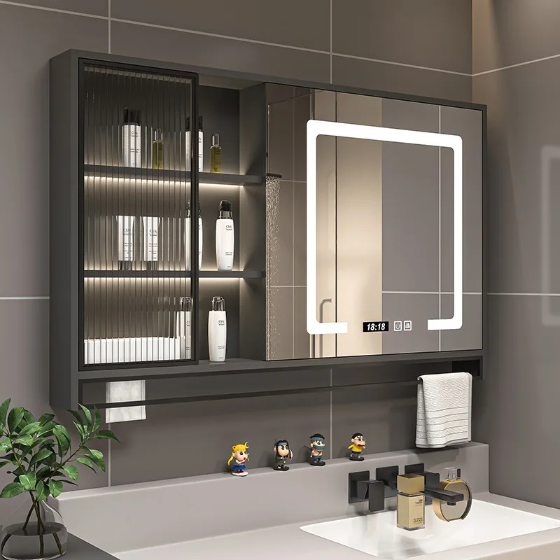 

Solid wood bathroom, smart mirror cabinet, separate wall-mounted toilet, storage , toilet, vanity mirror door on the right
