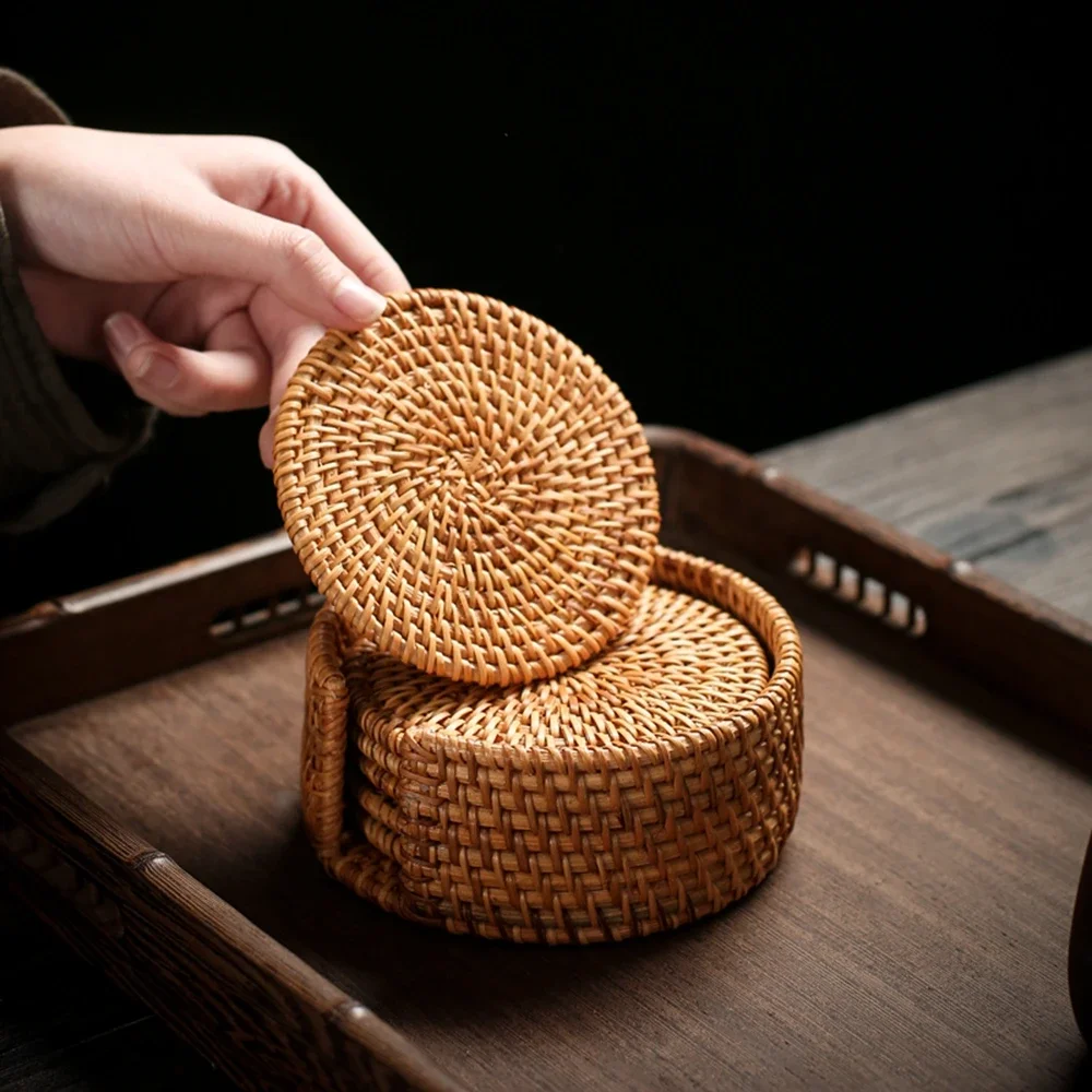 6pcs Rattan Weave Drink Coasters with Holder Storage Caddy - Protective, Space-Saving, and Decorative Cup Mat for Living Room, K