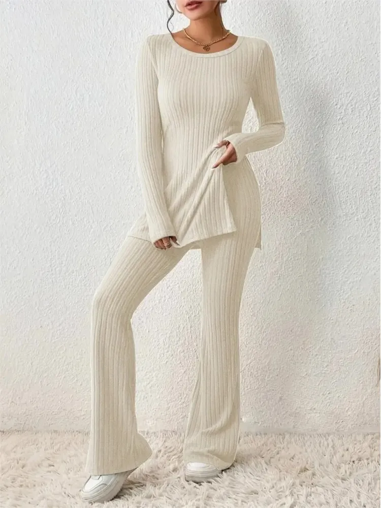 2024 Fall Winter Knitted 2 Piece Suits Women Long Sleeve Ribbed Slit Long Top And High Waist Pencil Pants Set Fashion Outfit