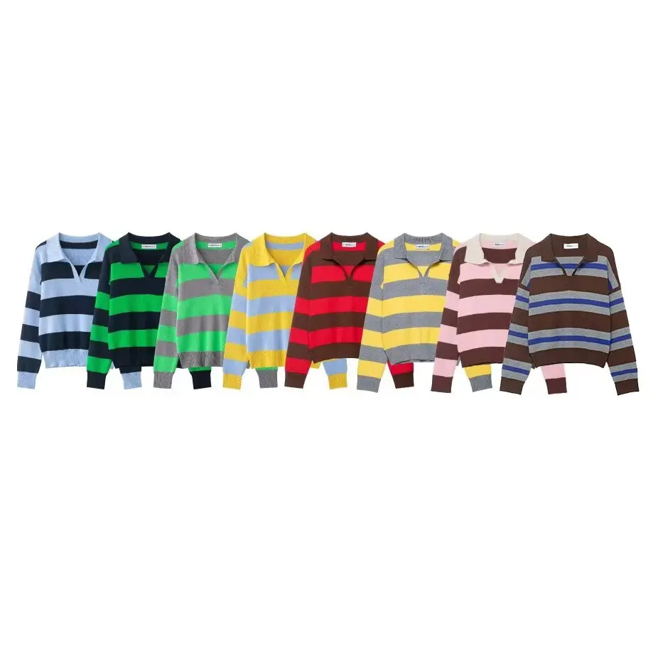 Zevity Women Fashion Polo Collar Contrast Striped Crochet Knitting Sweater Female Chic Long Sleeve Pullover Coat Tops SW9461