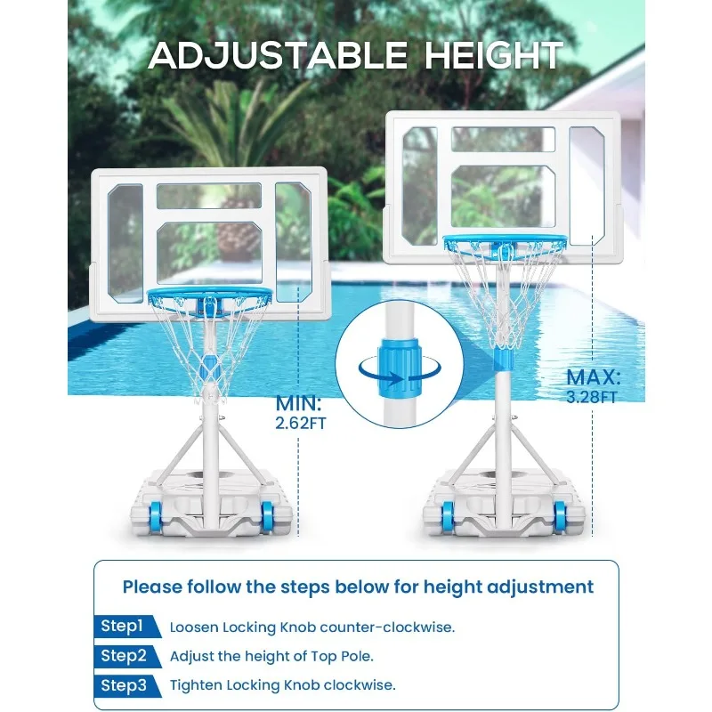 Swimming Pool Basketball Hoop Outdoor, Stainless Steel Adjustable Poolside Water Basketball Goals System with 32 Inch Shatterpro
