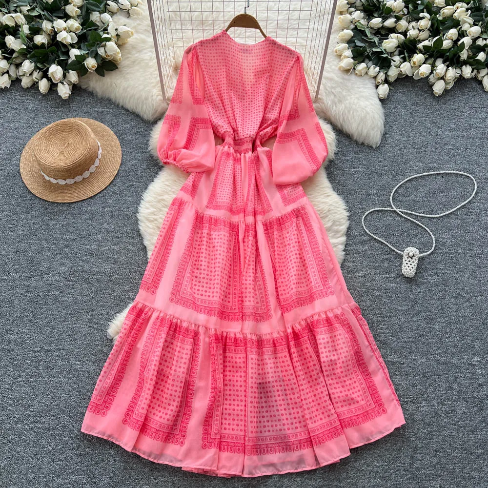 Chic vintage V-neck ruffle print slim Elegant Fairy korean fashion Boho Sundress women clothing Long dress