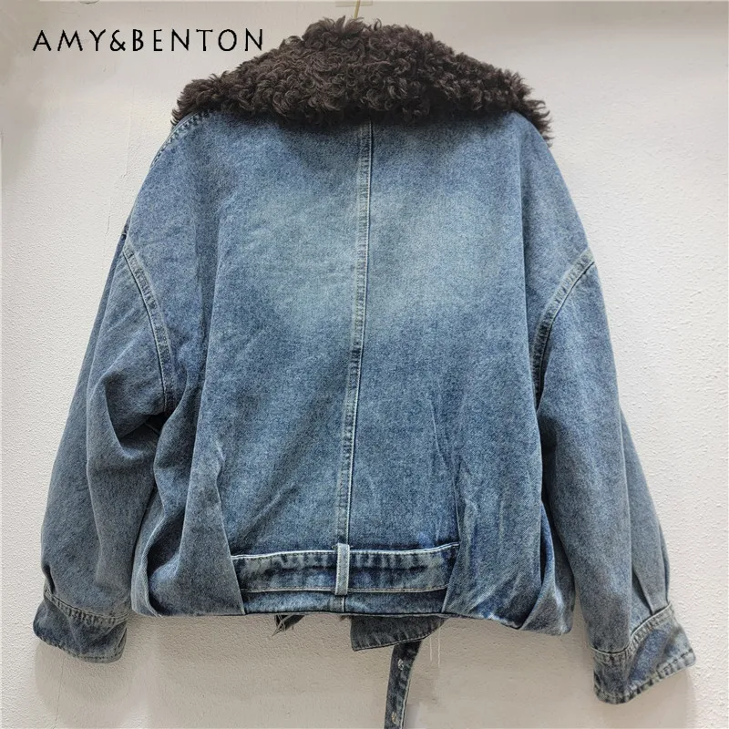 

Новое зимнее теплое удобное свободное пальто из искусственного меха с длинными рукавами и отложным воротником в стиле пэчворк, джинсовые короткие парки из овечьей шерсти