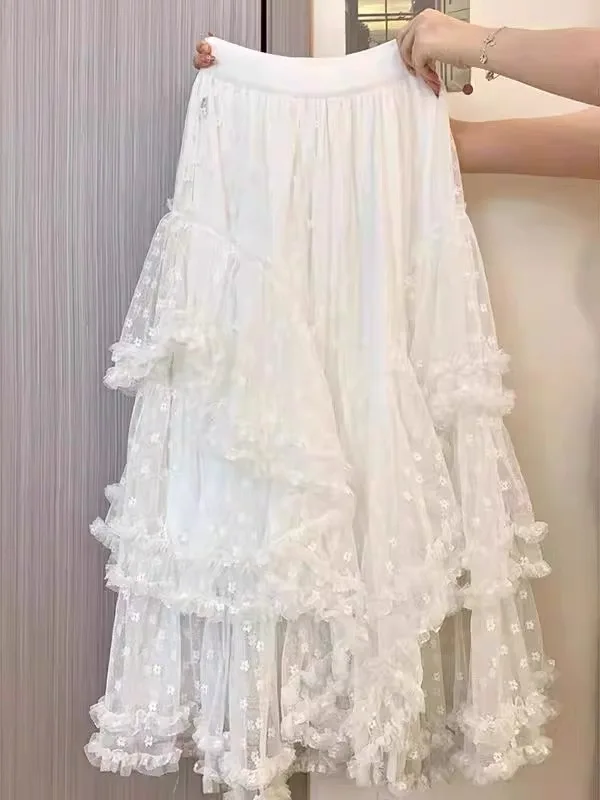 Spring Autumn Korean Version of Black Gentle Heavy Industry Lace Skirt Sweet Girl High Waist Versatile A-line Time Cake Skirts - Image 6